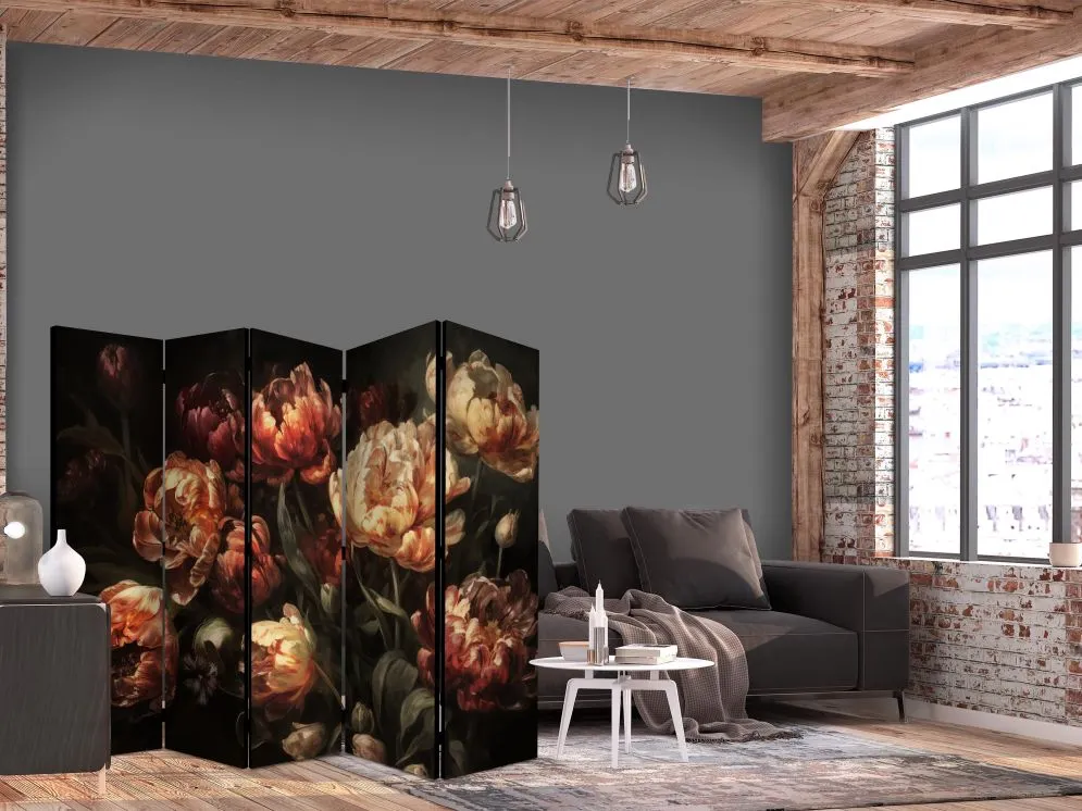 Parawan jednostronny Kwiaty 225x172 cm 5-częściowy brązowy | MIRAT.