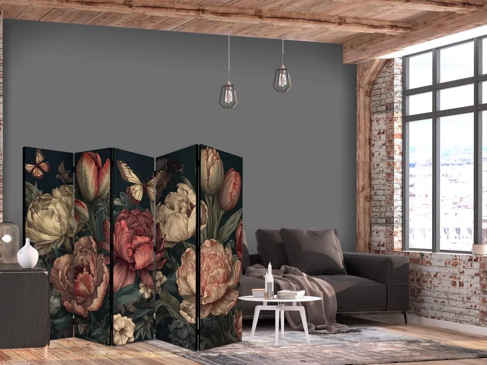 Parawan jednostronny Kwiaty 225x172 cm 5-częściowy brązowy | MIRAT.