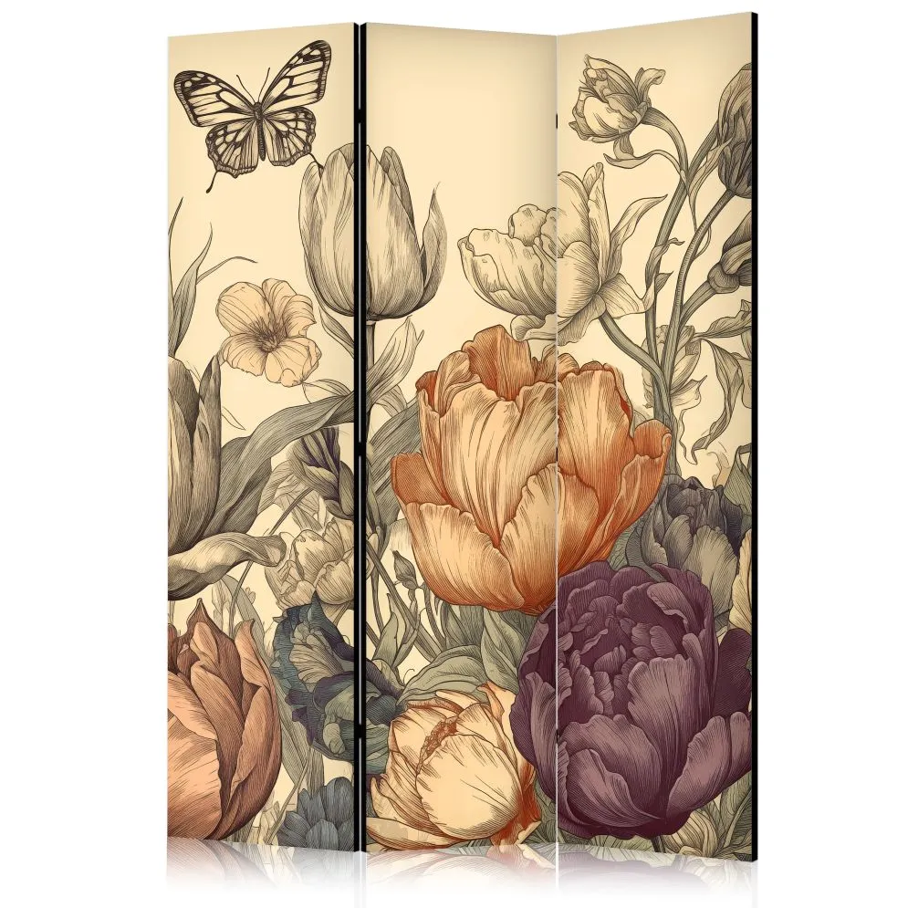 Parawan dwustronny Kwiaty 135x172 cm 3-częściowy beżowy | MIRAT.