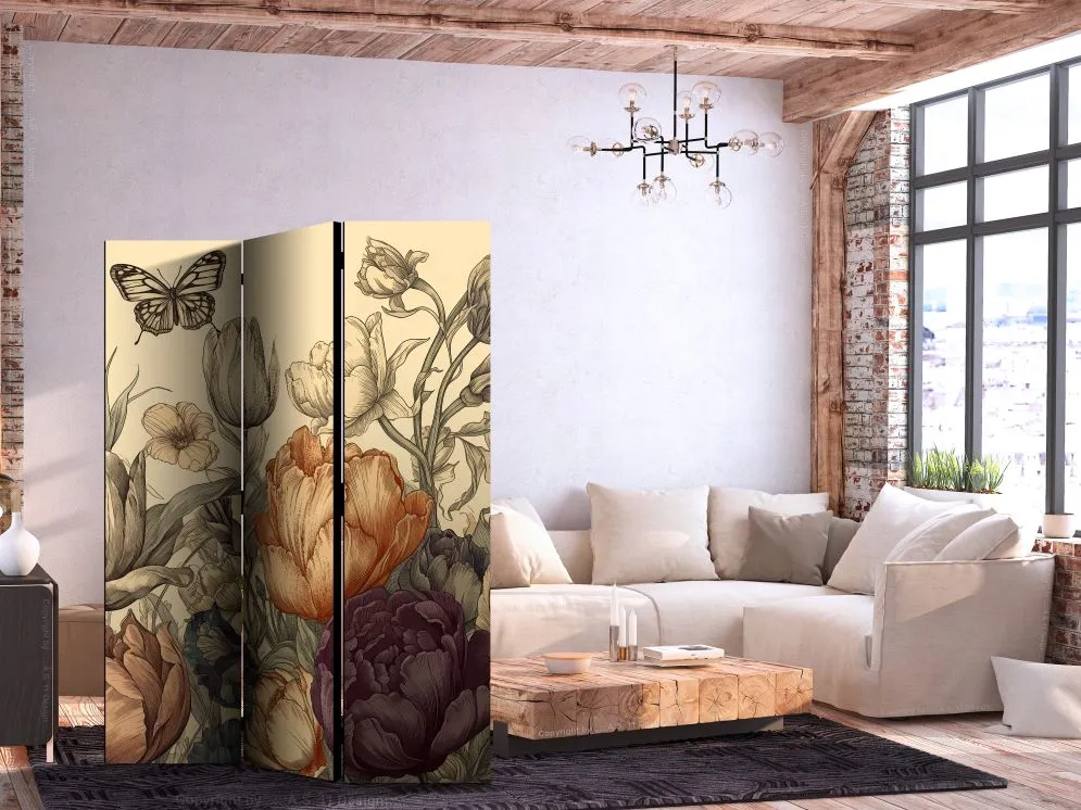 Parawan dwustronny Kwiaty 135x172 cm 3-częściowy beżowy | MIRAT.