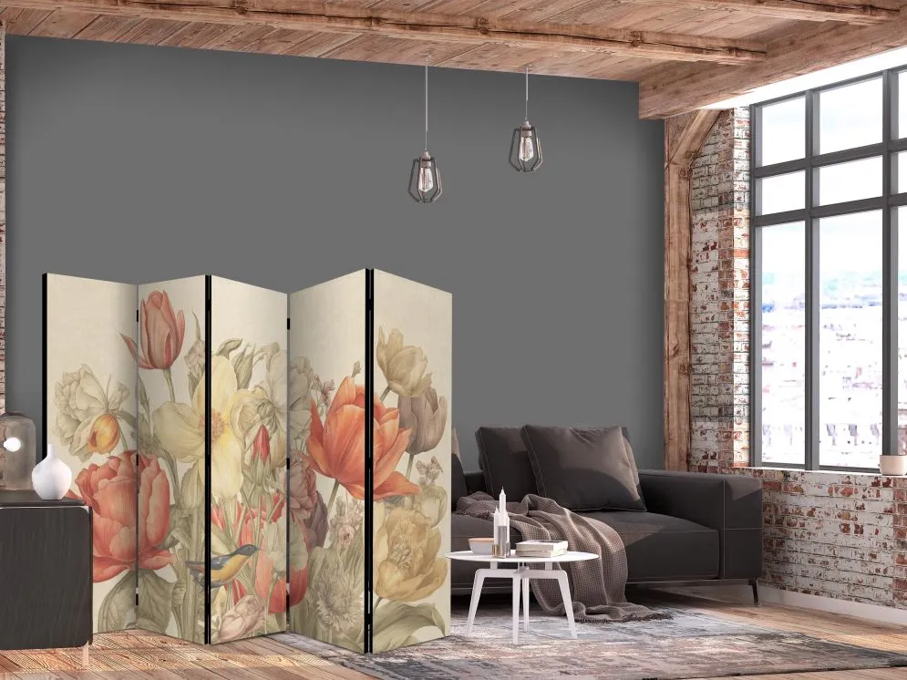Parawan dwustronny Kwiaty 225x172 cm 5-częściowy wielokolorowy | MIRAT.