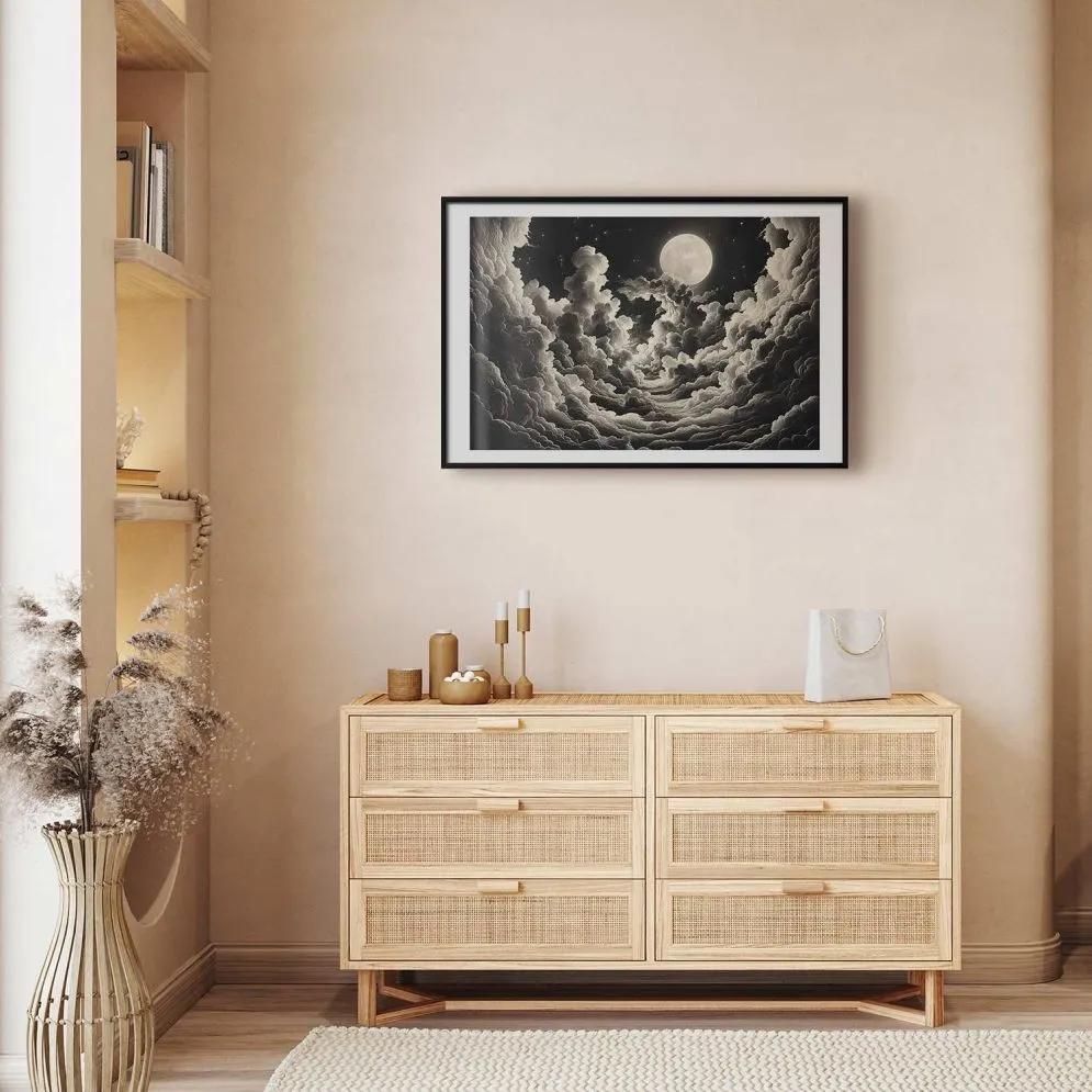 Plakat Księżyc wśród chmur 30x21 cm z ramą czarną z marginesem | MIRAT.