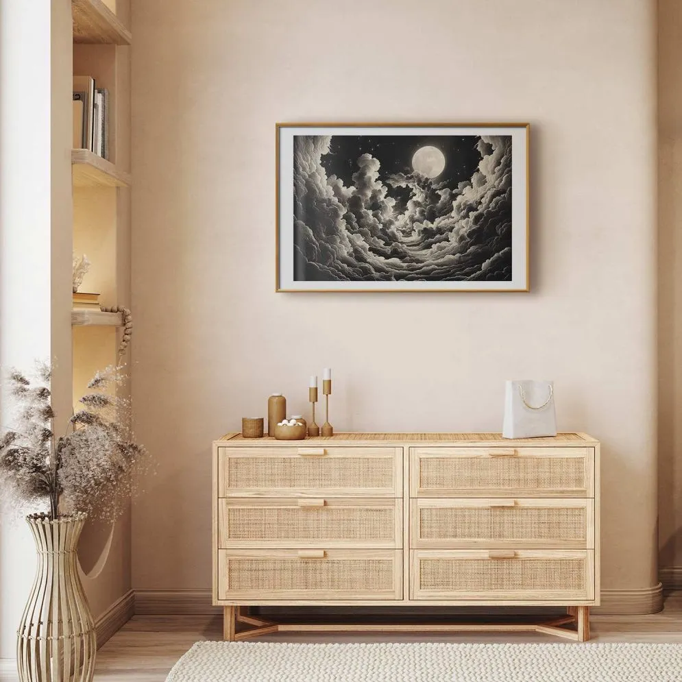 Plakat Księżyc wśród chmur 30x21 cm z ramą złotą z marginesem | MIRAT.