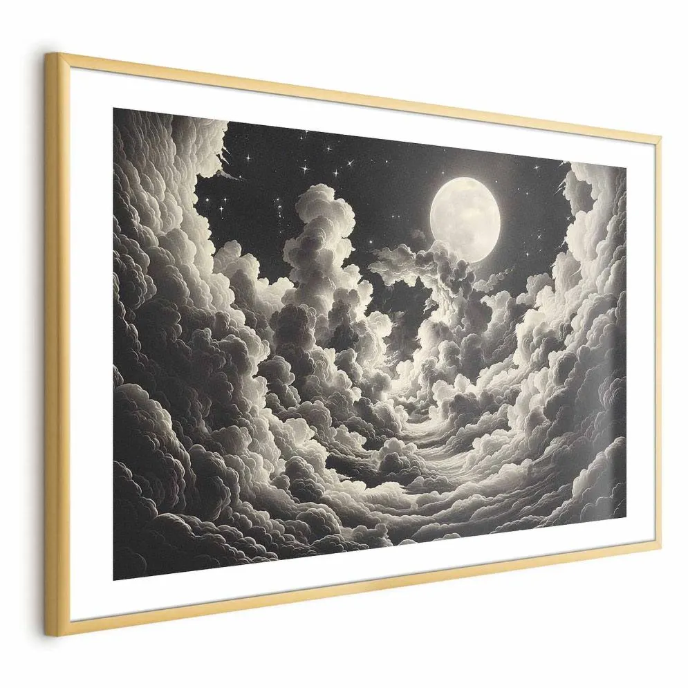 Plakat Księżyc wśród chmur 30x21 cm z ramą złotą z marginesem | MIRAT.