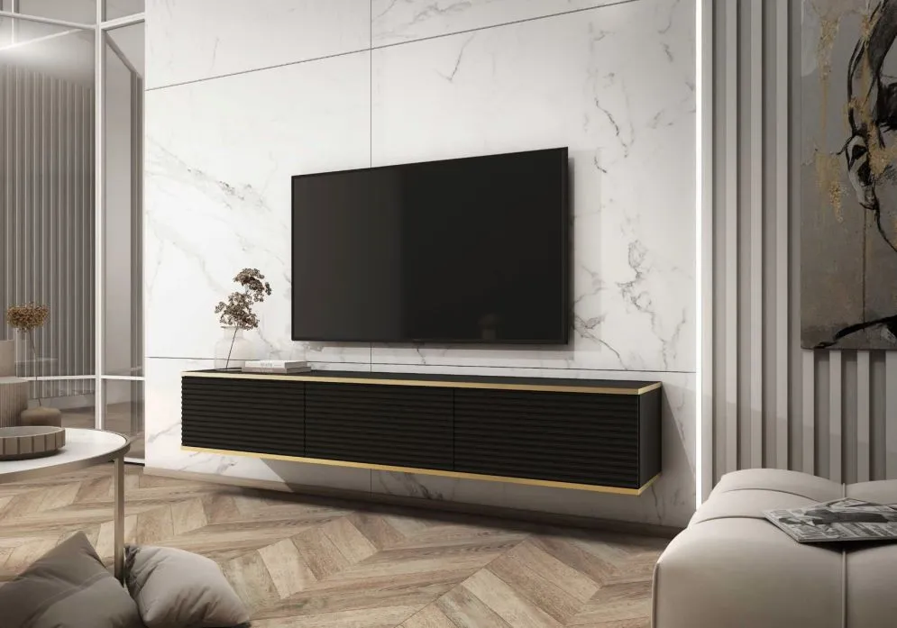 Szafka RTV KARL 3D 175cm wisząca/stojąca czarny mat loft I sklep meblowy MIRAT. styl GLAMOUR, LOFT, RYFLOWANY