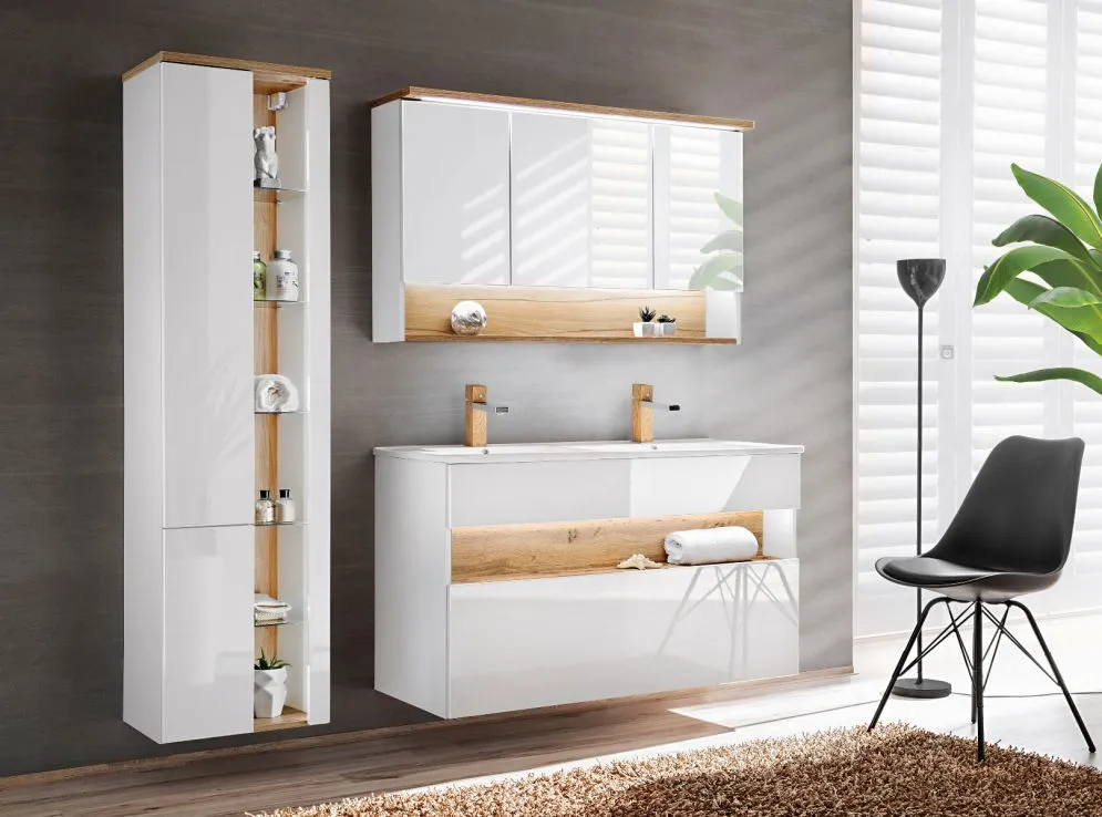 Szafka łazienkowa BAHAMA 120 cm biała połysk z lustrem wisząca szeroka | MIRAT. w stylu kolekcja BAHAMA