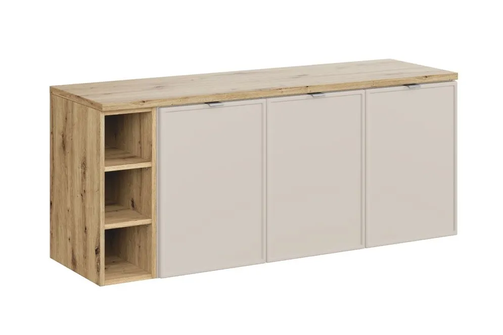 Szafka pod umywalkę nablatową BELLA CASHMERE 120cm kaszmir/dąb artisan - zestaw 140 cm z regałem i blatem I sklep meblowy MIRAT.