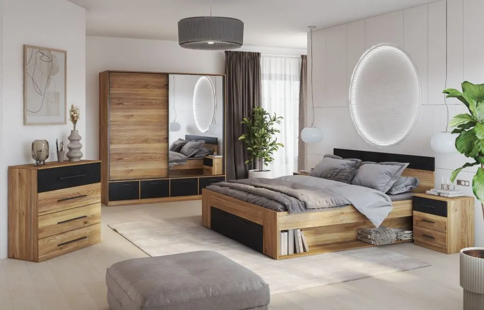 Łóżko BETA 180x200 dąb muavella/czarne z szufladą loftowe I sklep meblowy MIRAT. styl LOFT