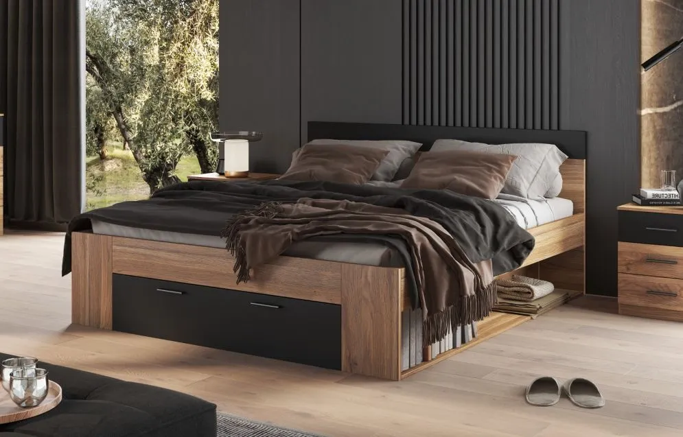 Łóżko BETA 180x200 dąb muavella/czarne z szufladą loftowe I sklep meblowy MIRAT. styl LOFT