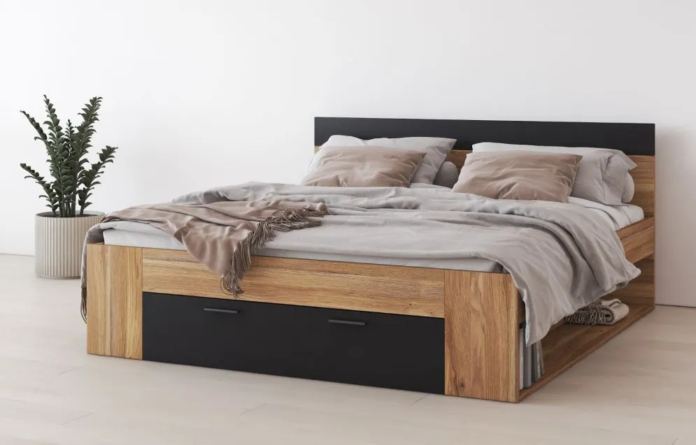 Łóżko BETA 180x200 dąb muavella/czarne z szufladą loftowe I sklep meblowy MIRAT. styl LOFT