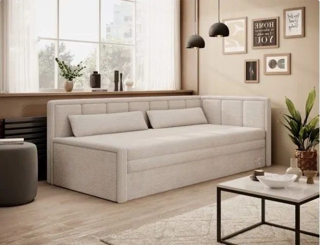 Młodzieżowa sofa rozkładana z funkcją spania FULGEO beżowa prawa I sklep meblowy MIRAT.