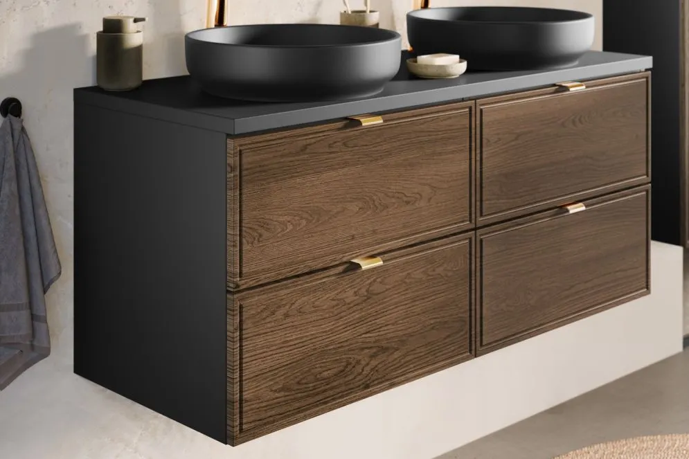 Szafka pod umywalkę nablatową TALIA CASELLA 2S 60cm dąb casella/czarny mat z blatem MIRAT. styl KLASYCZNY, LOFT