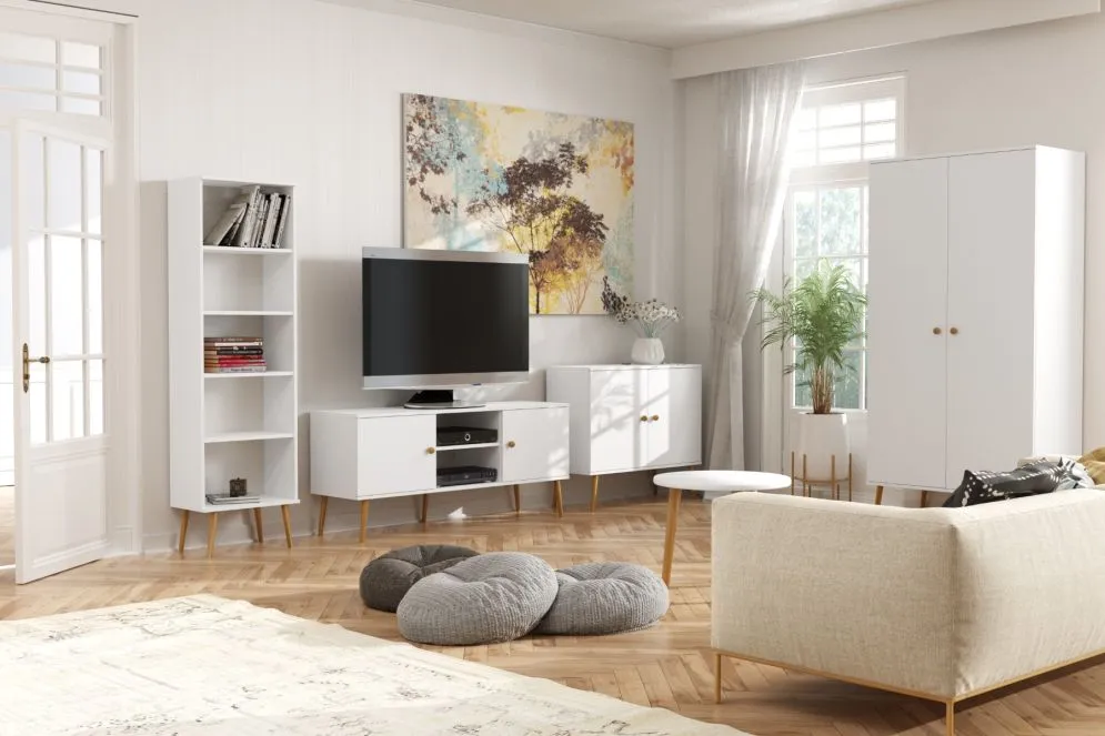 Regał LEBEL biały mat do salonu | MIRAT. styl SKANDYNAWSKI kolekcja LEBEL