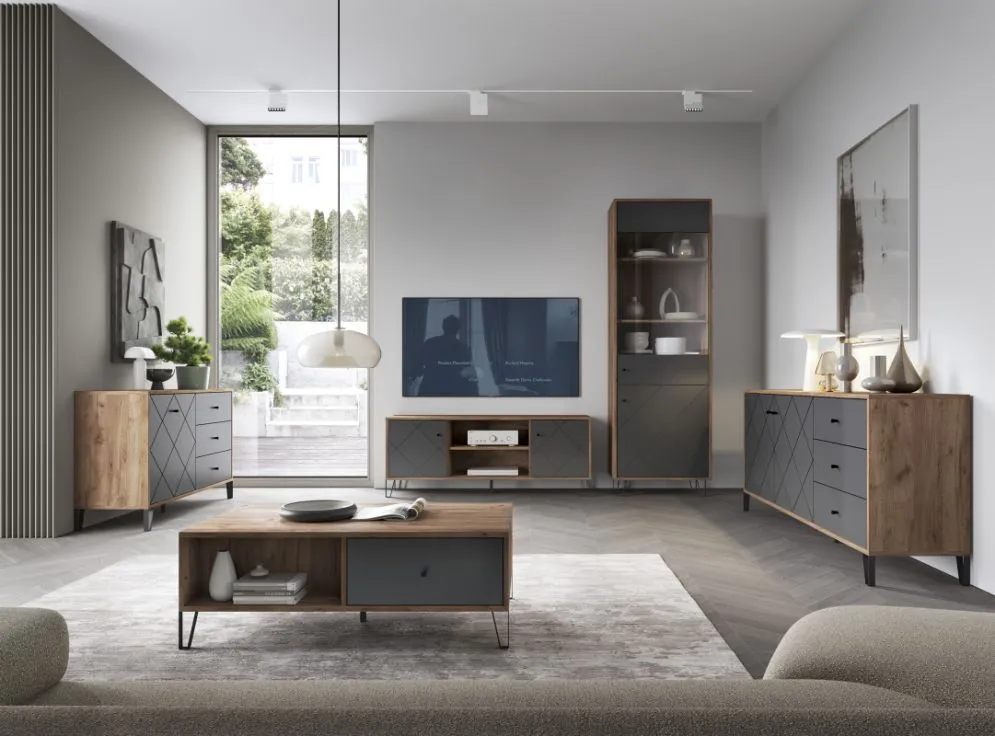 Komoda BILBAO 1D/3S dąb craft tobacco/grafit mat jednodrzwiowa | sklep MIRAT styl LOFT, RYFLOWANY kolekcja BILBAO