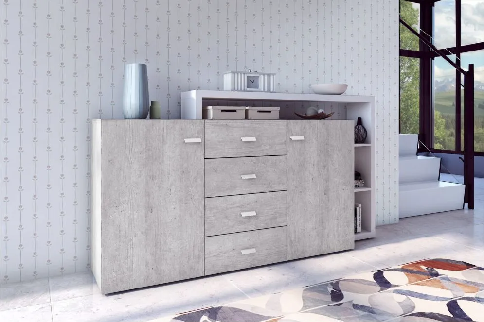 Komoda z nadstawką BOTA 2D4S 181 biała/beton colorado HELVETIA | MIRAT. styl LOFT kolekcja BOTA
