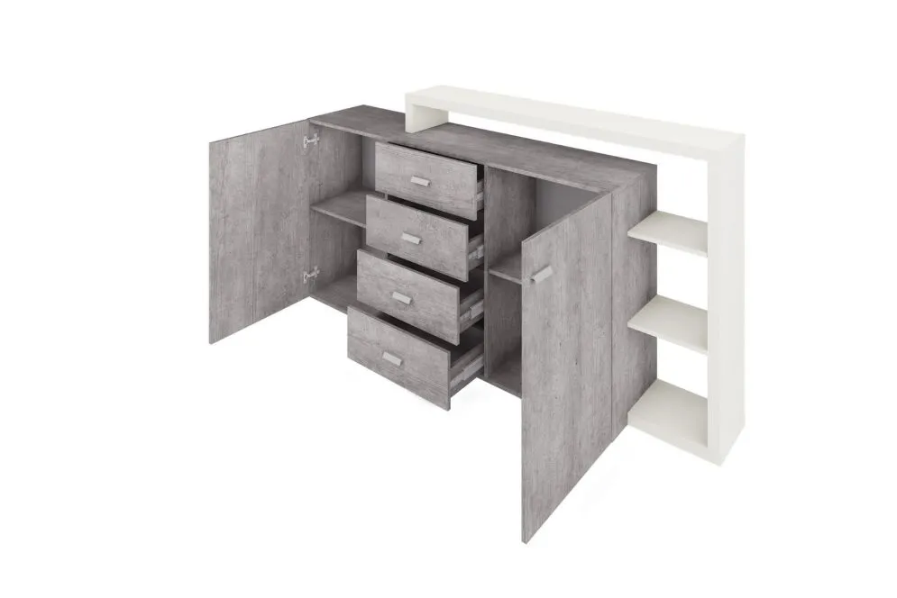 Komoda z nadstawką BOTA 2D4S 181 biała/beton colorado HELVETIA | MIRAT. styl LOFT kolekcja BOTA
