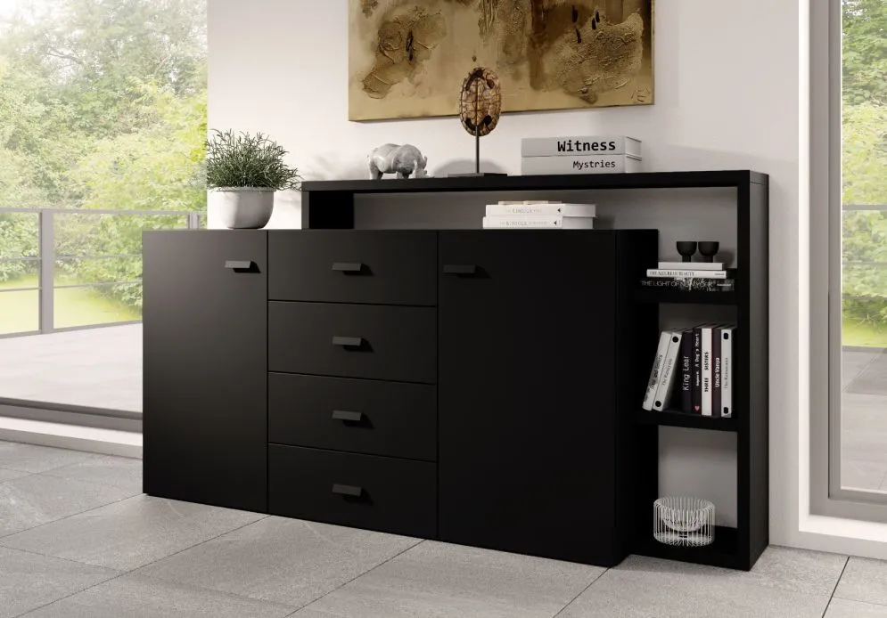 Komoda z nadstawką BOTA 2D4S 181 czarna supermat HELVETIA | MIRAT. styl LOFT kolekcja BOTA
