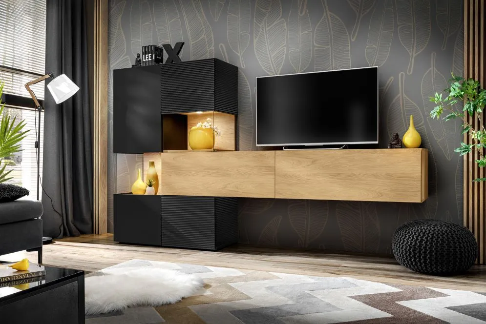 Meblościanka BRICK hikora/czarny mat do salonu I sklep meblowy MIRAT. styl LOFT, RYFLOWANY
