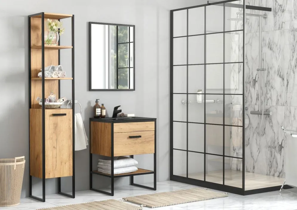 Szafka pod umywalkę BROOKLIN 60 cm dąb craft złoty stojąca | MIRAT. w stylu LOFT kolekcja BROOKLIN