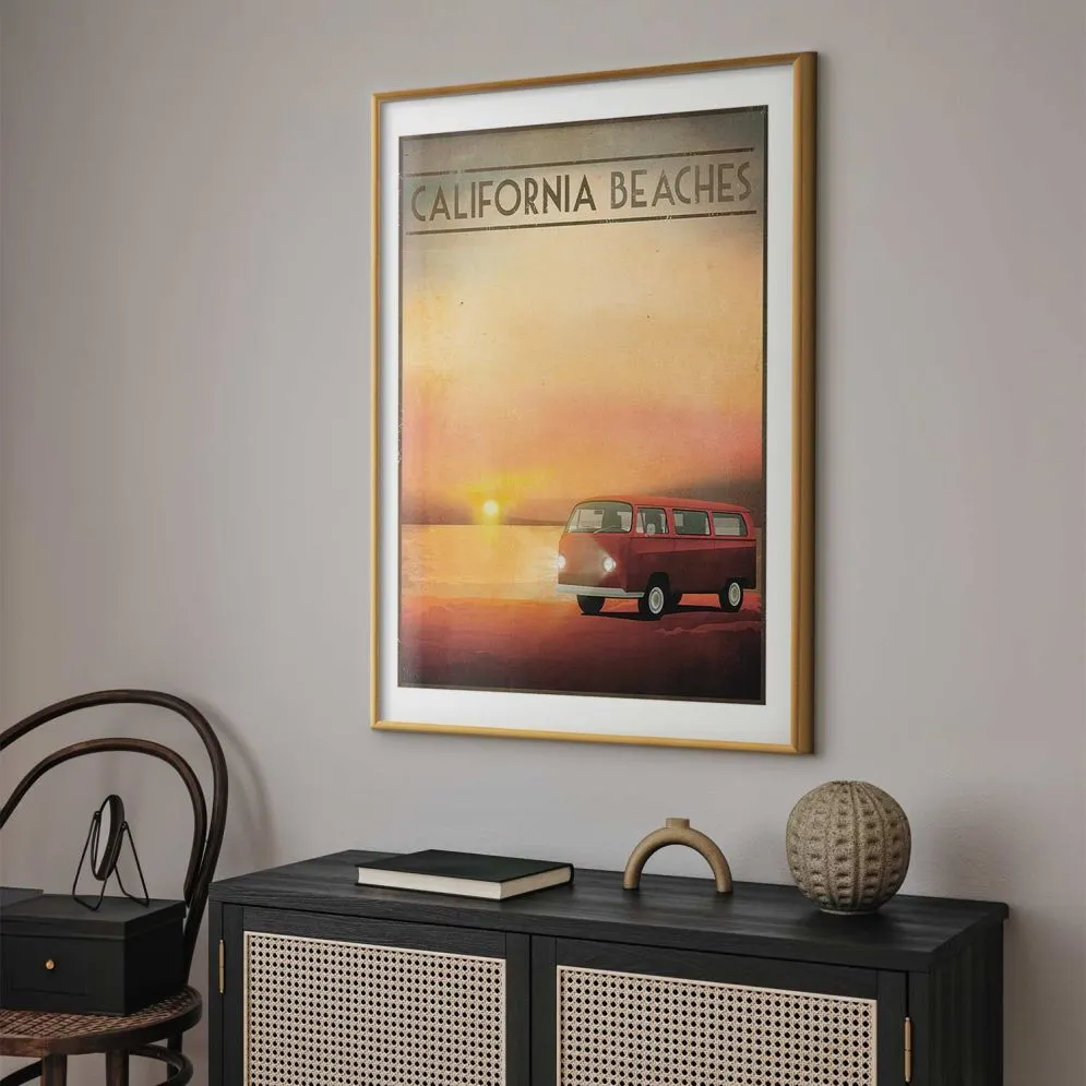 Plakat California Beaches 60x90 cm z ramą złotą z marginesem | MIRAT.
