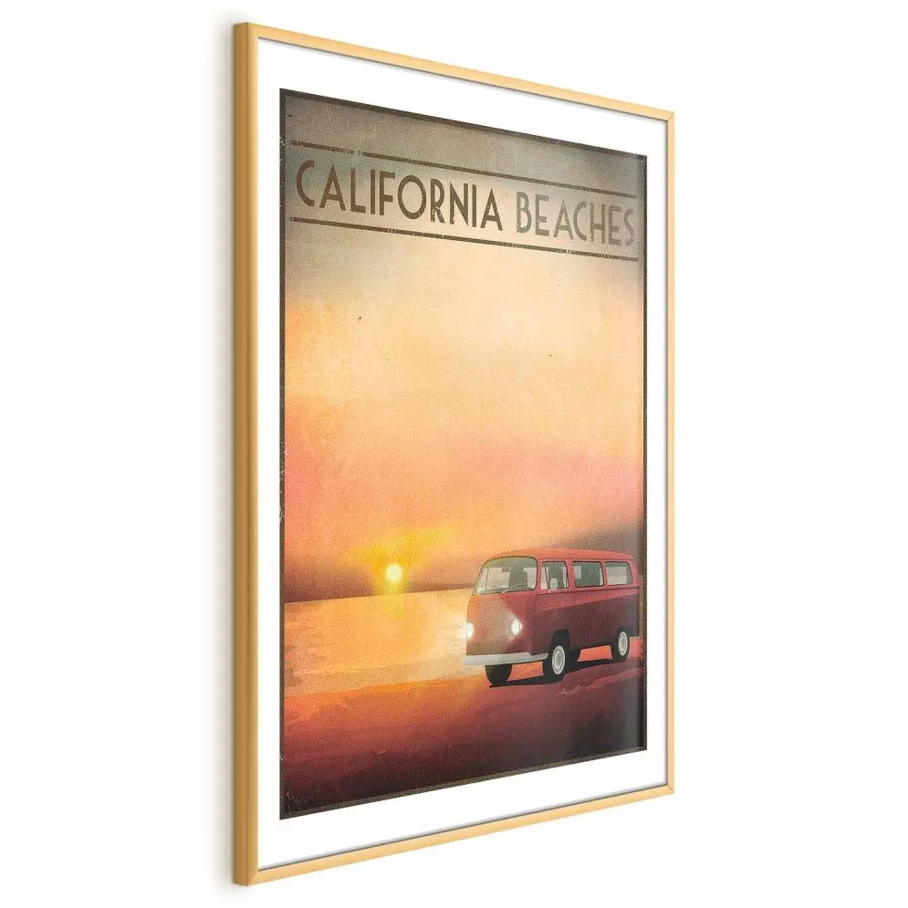 Plakat California Beaches 60x90 cm z ramą złotą z marginesem | MIRAT.