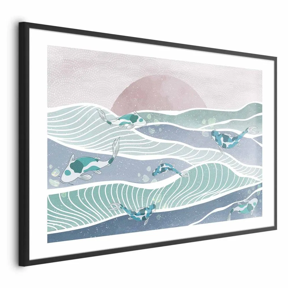 Plakat Ryby na falach 60x40 cm z ramą czarną z marginesem | MIRAT.