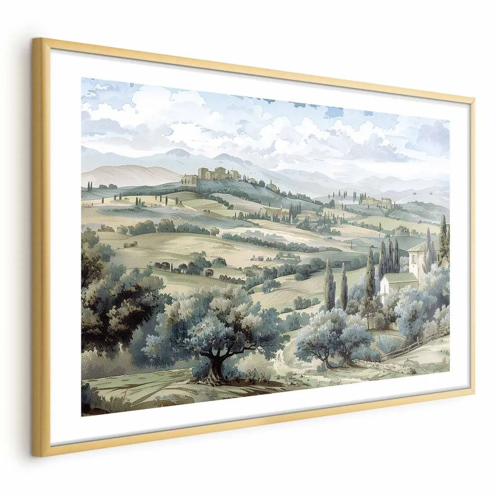 Plakat Pejzaż z polami 42x29,7 cm z ramą złotą z marginesem | MIRAT.