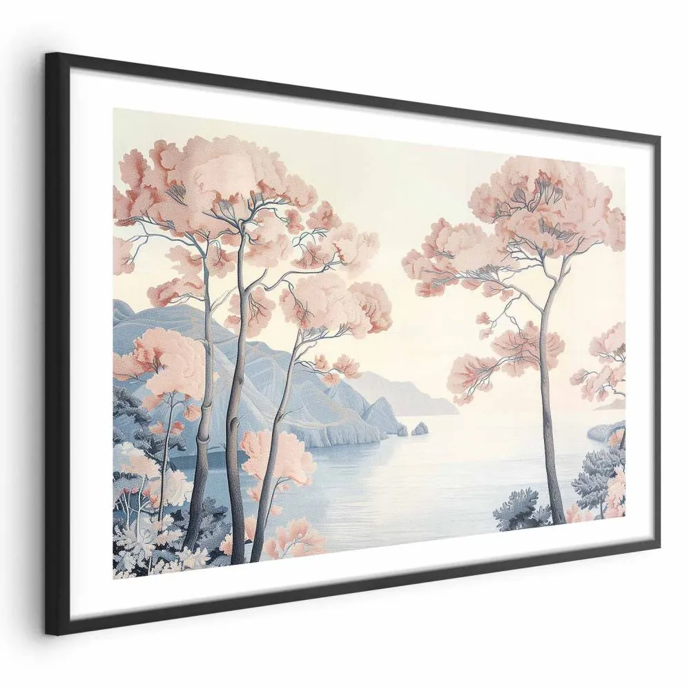 Plakat Ocean i drzewa 90x60 cm z ramą czarną z marginesem | MIRAT.