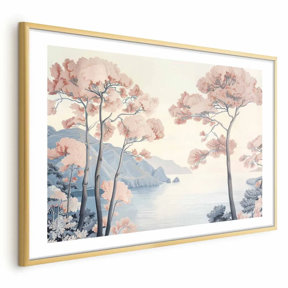 Plakat Ocean i drzewa 90x60 cm z ramą złotą z marginesem | MIRAT.