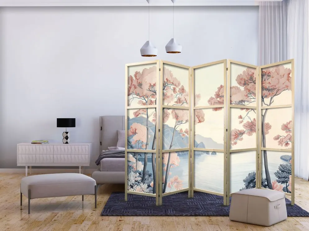 Parawan japoński Pejzaże 225x172 cm 5-częściowy biały | MIRAT.