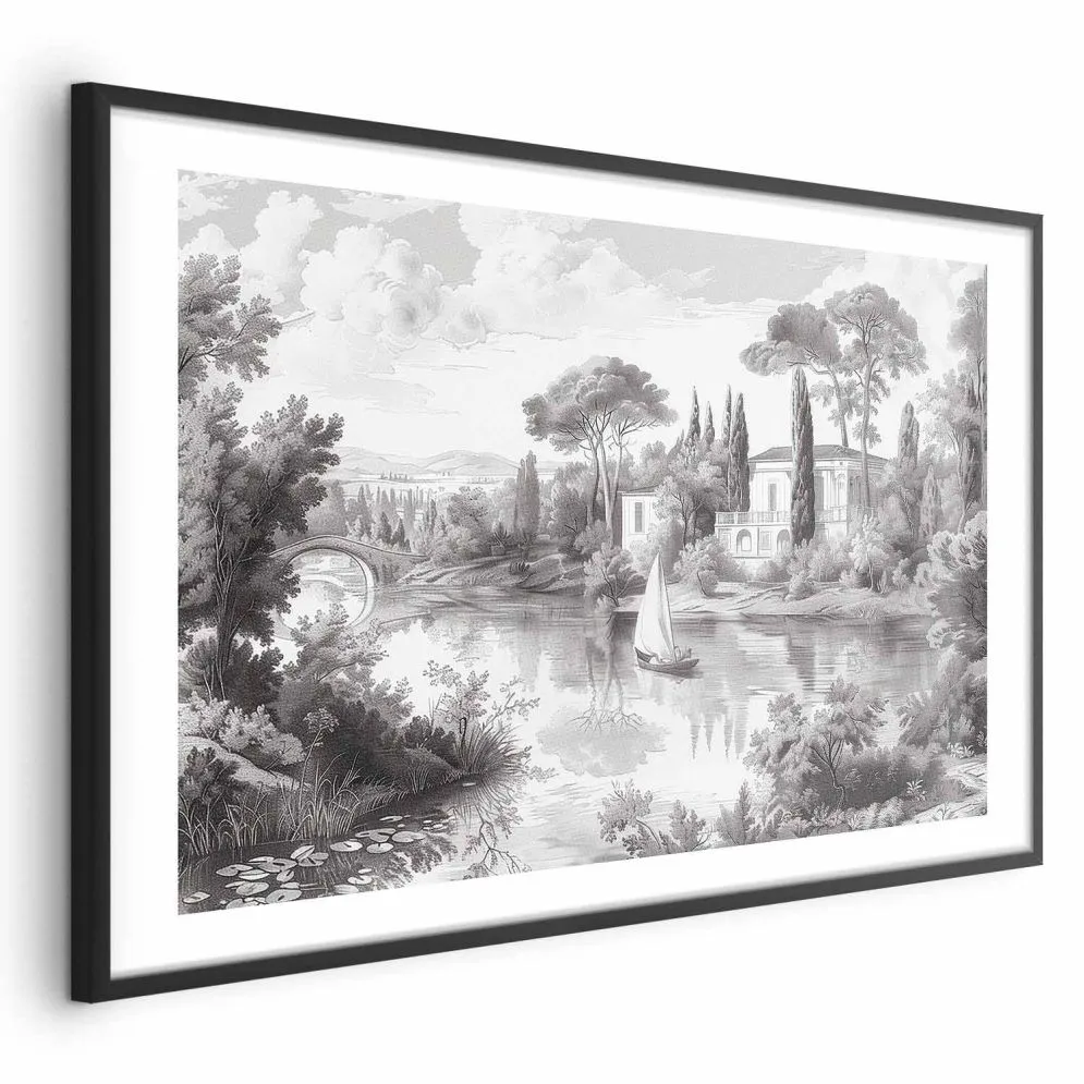 Plakat Pejzaż vintage 90x60 cm z ramą czarną z marginesem | MIRAT.