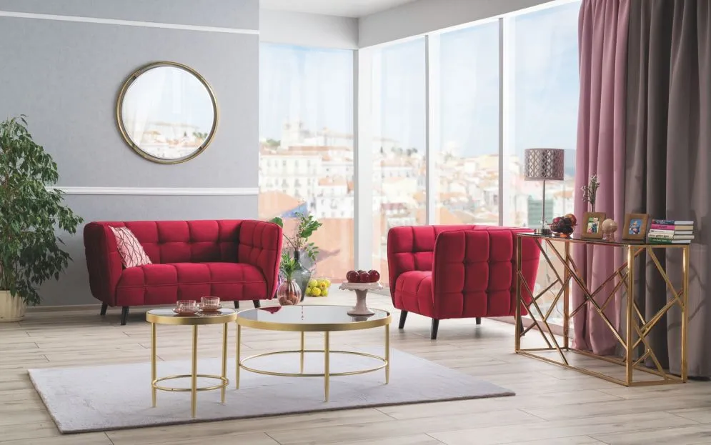 Aksamitna bordowa sofa z pikowaniami polskiej produkcji Castello Velvet 2