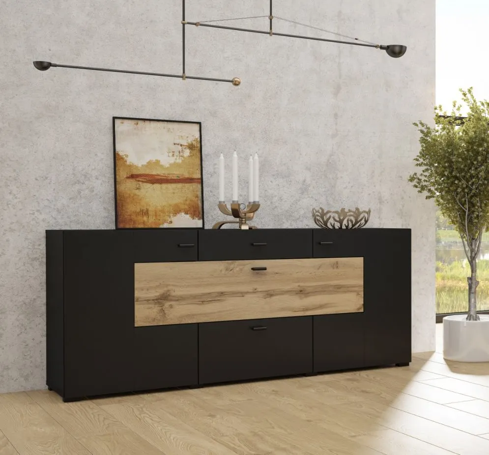 Komoda COBY 2D2S 1KL czarna/dąb wotan w stylu industrialnym I sklep meblowy MIRAT. styl LOFT kolekcja COBY