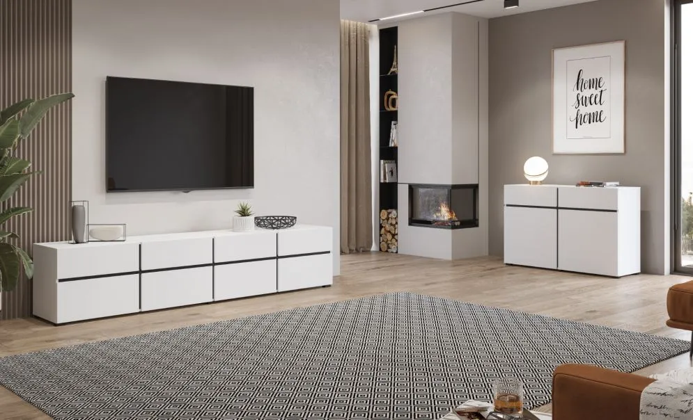 Szafka RTV CROSS 4K4S 225cm biała/czarna z szufladami I sklep meblowy MIRAT. styl SKANDYNAWSKI kolekcja HV-CROSS