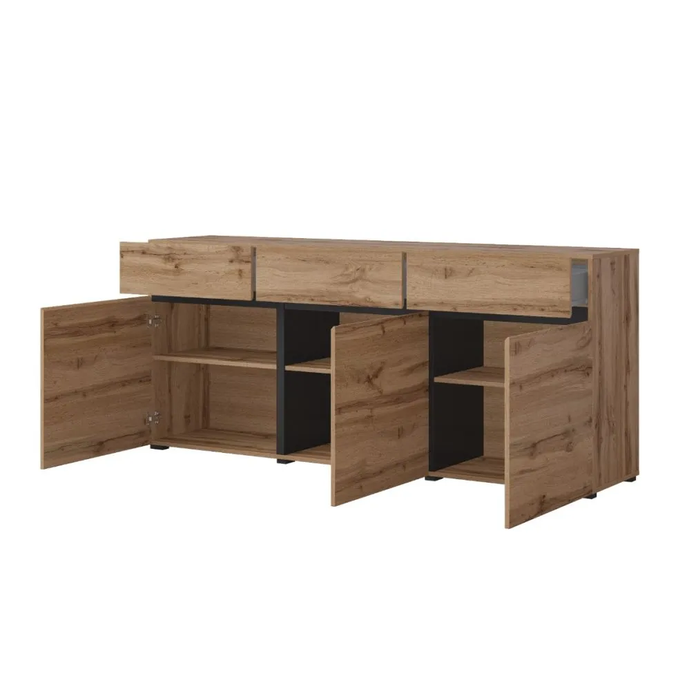 Komoda CROSS 3D3S 180cm dąb wotan/czarna trzydrzwiowa I sklep meblowy MIRAT. styl SKANDYNAWSKI kolekcja HV-CROSS