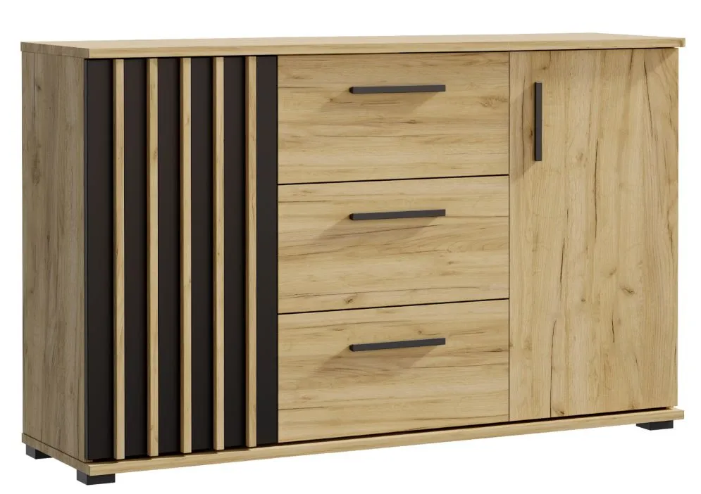 Komoda KALI 140 czarny/dąb craft ryflowane fronty I sklep meblowy MIRAT. styl LOFT, RYFLOWANY