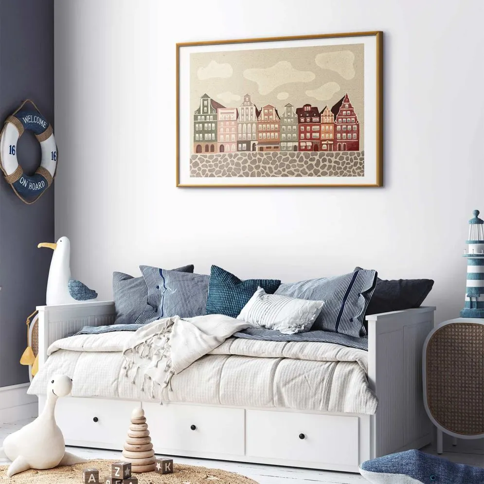 Plakat Kolorowe Fasady 60x40 cm z ramą złotą z marginesem | MIRAT.