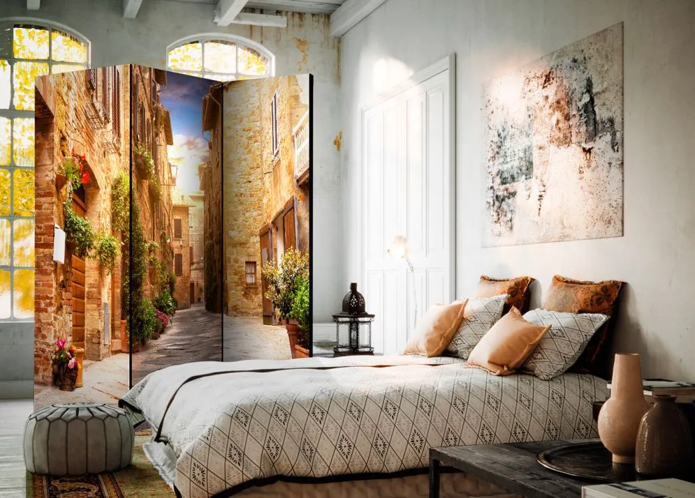 Parawan dwustronny Miasta 135x172 cm 3-częściowy beżowy | MIRAT.