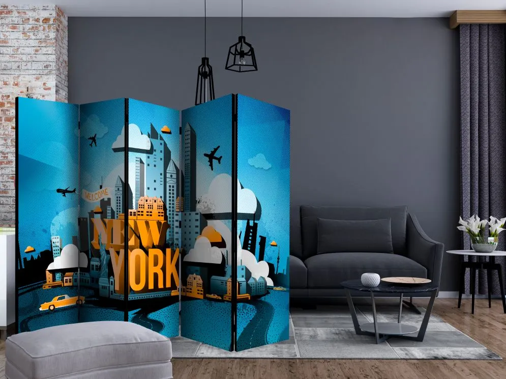 Parawan jednostronny Miasta 225x172 cm 5-częściowy niebieski | MIRAT.