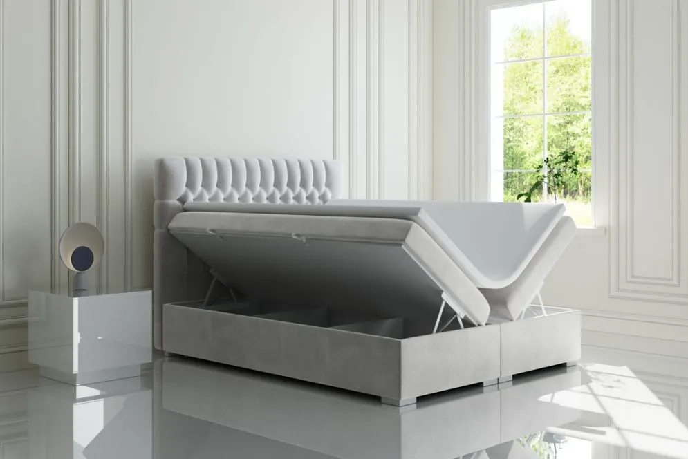 Łóżko kontynentalne RUBID 160 bordowe velvet z pojemnikiem i materacem | MIRAT. styl GLAMOUR