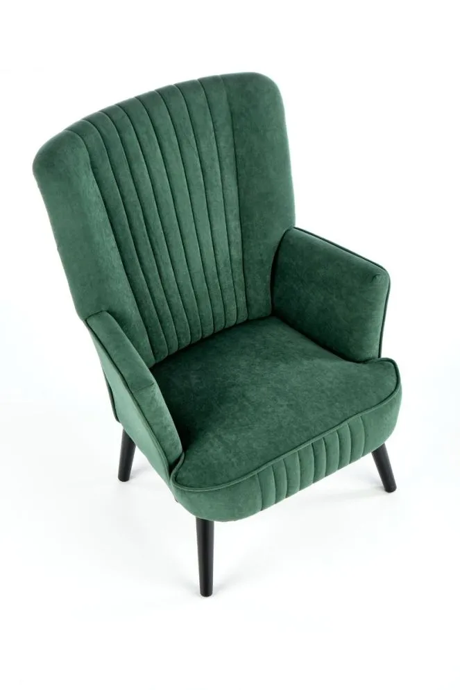 Fotel do salonu DELGADO VELVET ciemnozielony na drewnianych nogach | MIRAT. styl LOFT