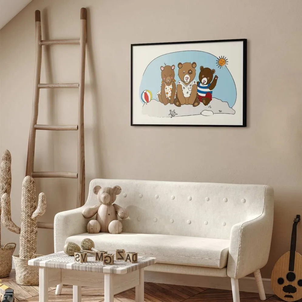Plakat Misie na plaży 42x29,7 cm z ramą czarną bez marginesu | MIRAT.