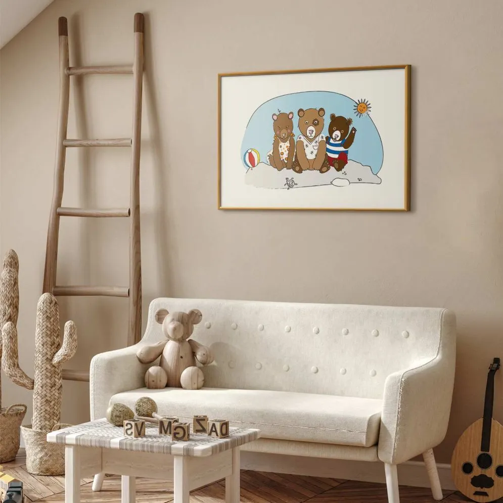 Plakat Misie na plaży 42x29,7 cm z ramą złotą z marginesem | MIRAT.