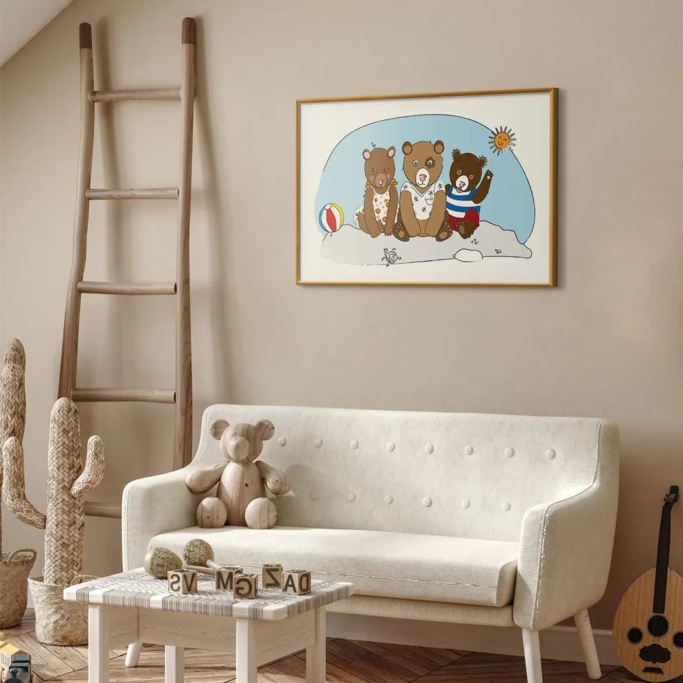 Plakat Misie na plaży 42x29,7 cm z ramą złotą bez marginesu | MIRAT.