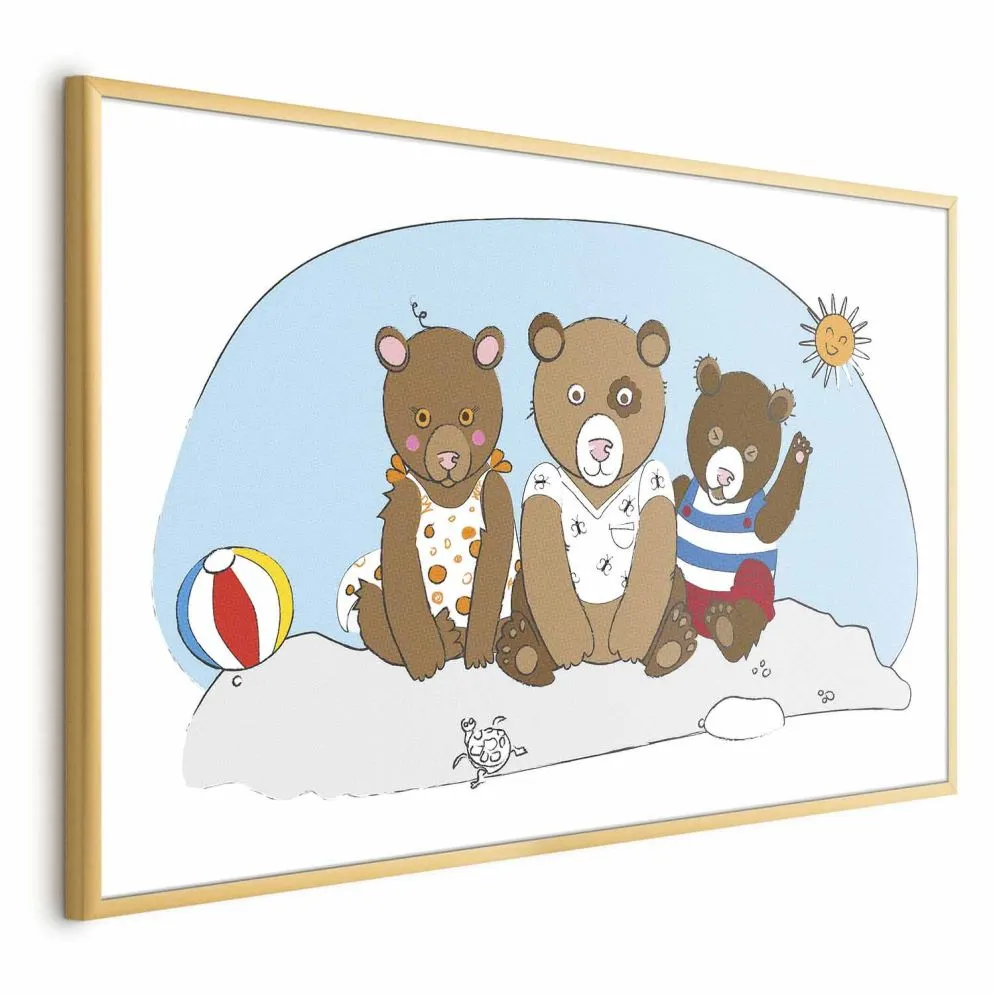Plakat Misie na plaży 42x29,7 cm z ramą złotą bez marginesu | MIRAT.