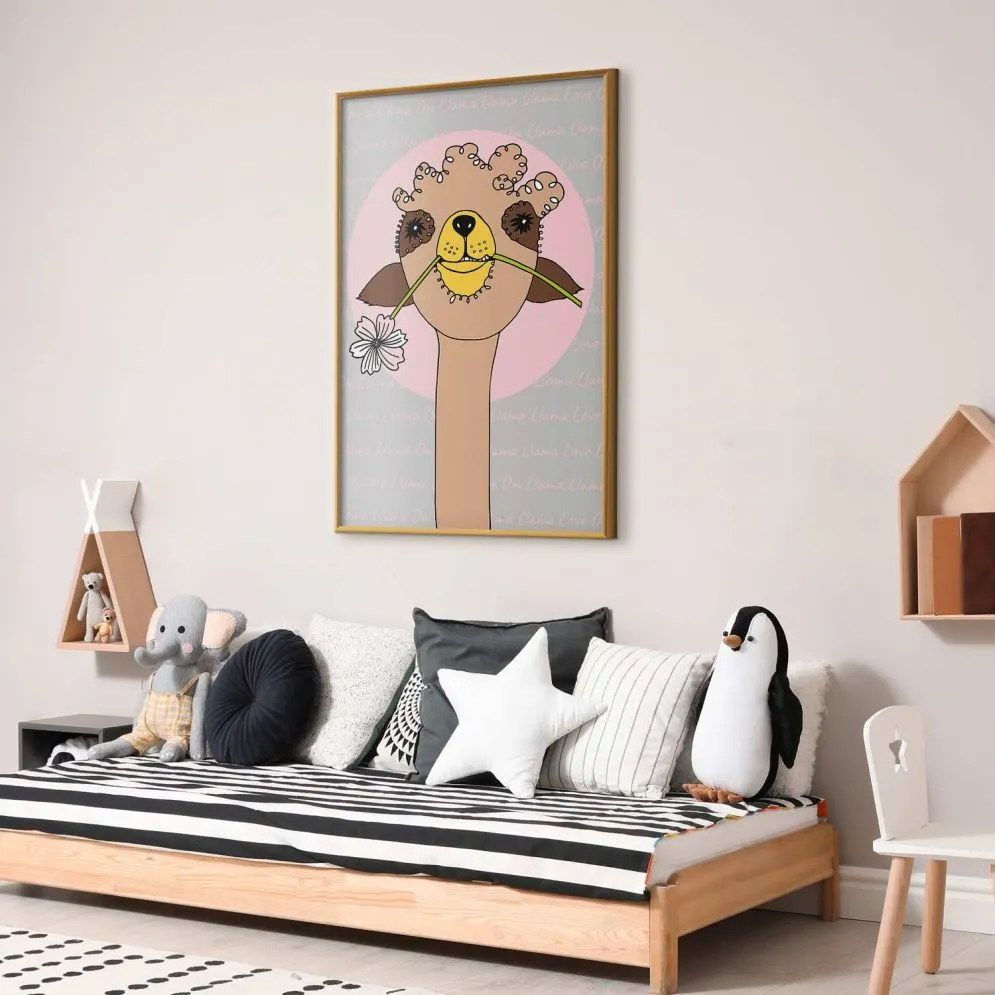 Plakat Wesoła lama 21x30 cm z ramą złotą bez marginesu | MIRAT.