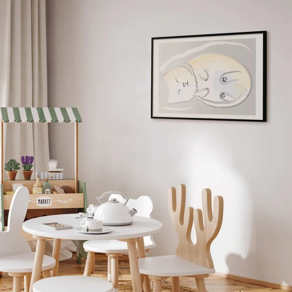 Plakat Śpiący kotek 42x29,7 cm z ramą czarną z marginesem | MIRAT.