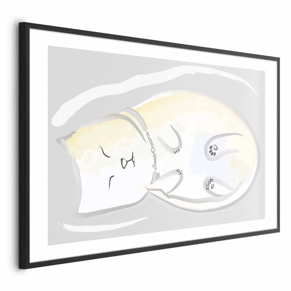 Plakat Śpiący kotek 42x29,7 cm z ramą czarną z marginesem | MIRAT.