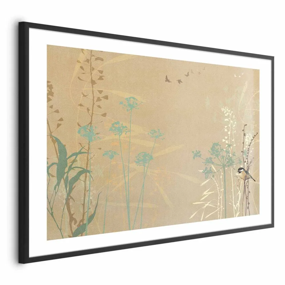 Plakat Ptaszek na łące 90x60 cm z ramą czarną z marginesem | MIRAT.