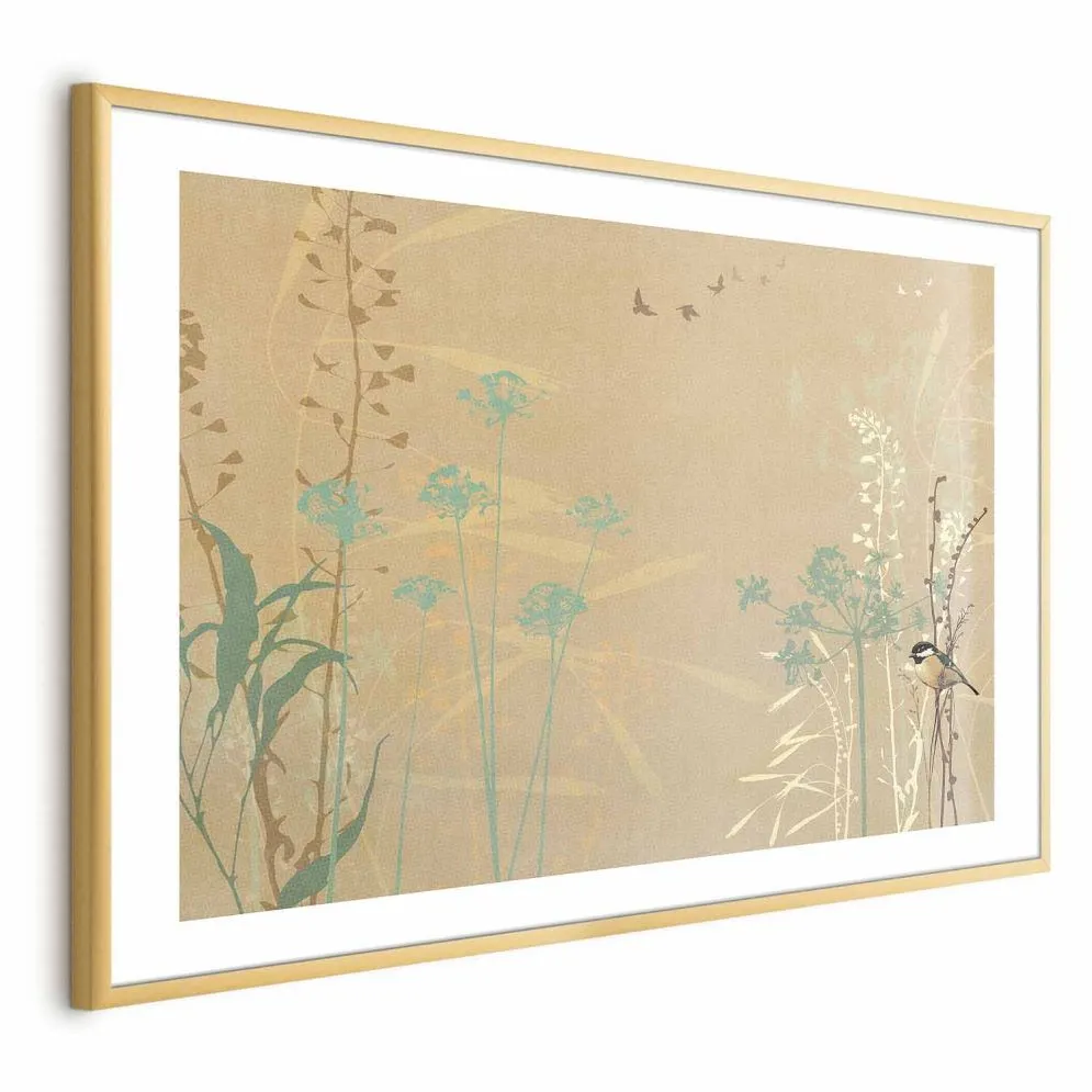 Plakat Ptaszek na łące 60x40 cm z ramą złotą z marginesem | MIRAT.